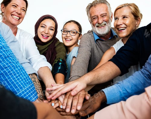 Preview: Happy diverse people hands together