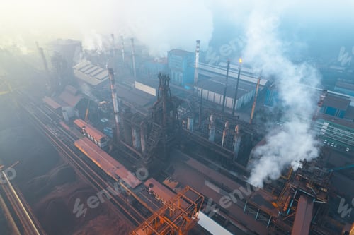 Preview: Industrial iron production factory during manifacture, aerial view from exterior,among smokes