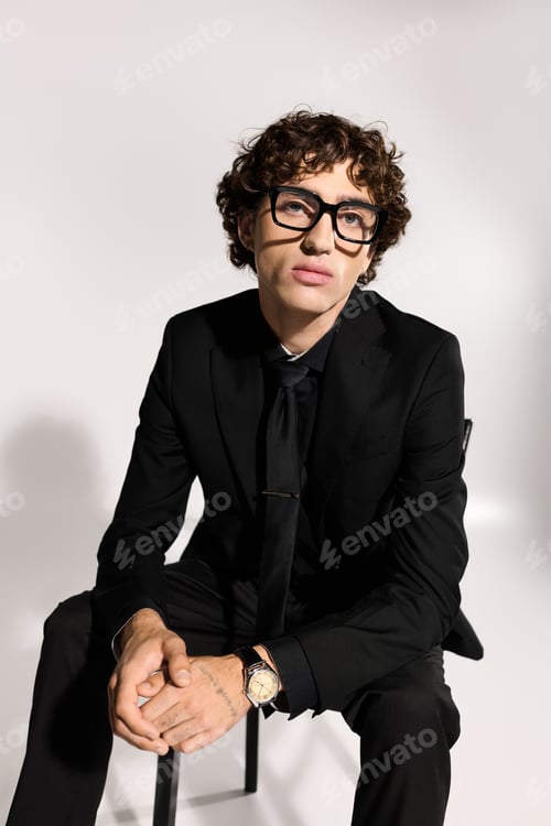 Preview: Stylish young man exudes confidence in a sleek black suit and fashionable eyewear