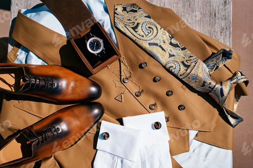 Preview: Brown leather shoes, a suit and a watch in a box lie on a wooden table