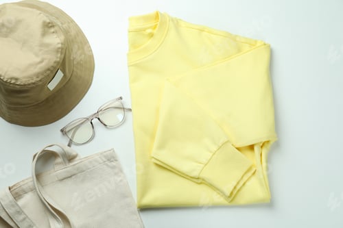 Preview: Stylish female wear on white background, top view