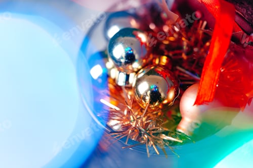 Preview: Christmas holiday background with festive decor bokeh shot