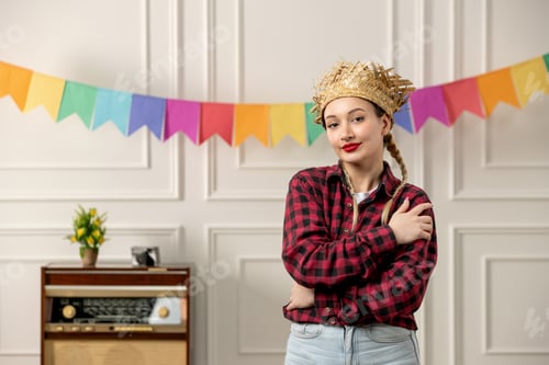 Preview: festa junina cute girl in straw hat brazilian midsummer with retro radio colorful flags smiling