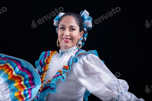 Preview: Latin woman dressed in a dress from Jalisco Mexico,