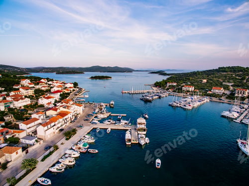 Preview: Aerial drone view of small marina with boats and yachts docked in Croatia