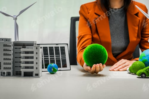 Preview: A businesswoman working at a desk in sustainable urban development, promoting eco-friendly