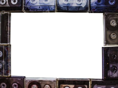 Preview: audio cassette frame, audio cassettes frame on white background, copy space,