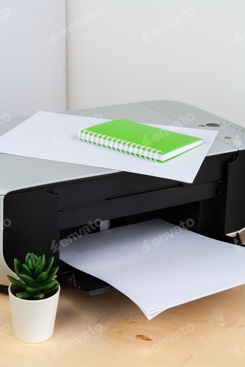Preview: Office printer close up on a wooden table