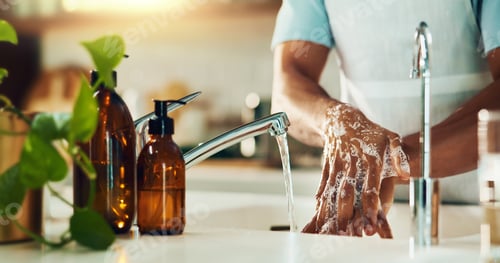 Preview: Kitchen, soap and washing hands for hygiene, wellness and health for virus, infection and preventio