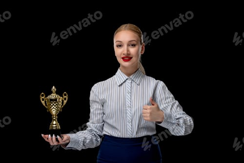 Preview: Business woman happy cute girl holding golden trophy with red lipstick in office costume