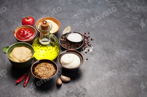 Preview: Set of various sauces. Popular sauces in bowls