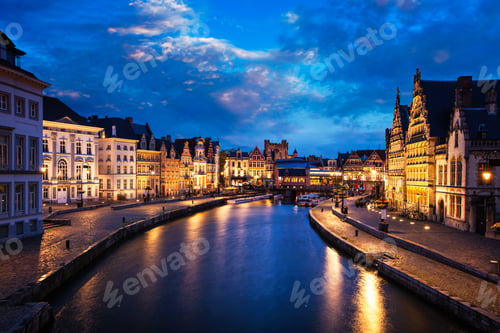 Preview: Graslei street and canal in the evening. Ghent, Belgium