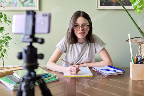 Preview: Teenager girl studying online using smartphone, talking at video conference