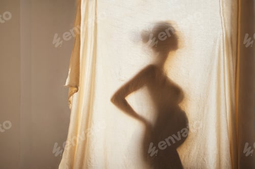 Preview: Shadow silhouette of a female pregnant behind a textured fabric