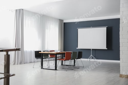 Preview: Modern meeting room interior with large table and projection screen