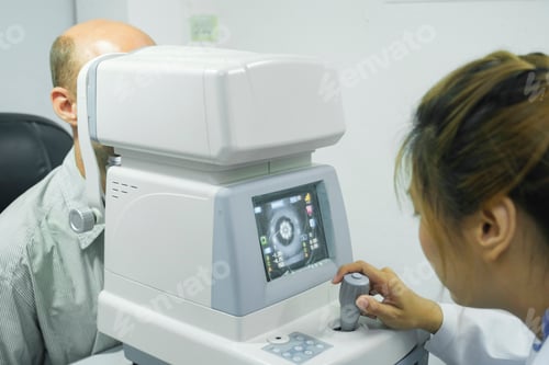 Preview: Man examining eyesight in optical clinic.