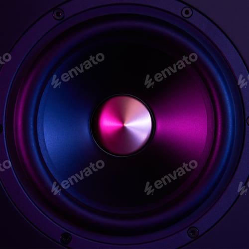 Preview: Sound speaker on dark background with neon lights