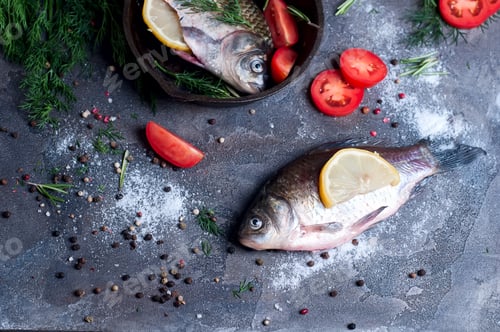 Preview: Delicious fresh fish on dark vintage background.