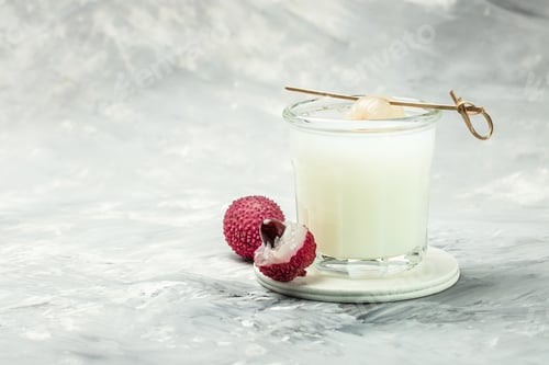 Preview: Closeup of fresh lychee juice with fruits, banner, menu, recipe place for text, top view