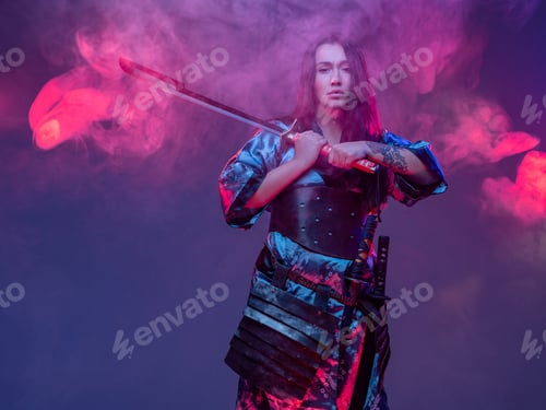 Preview: Tattooed cyberpunk woman samurai with steel sword