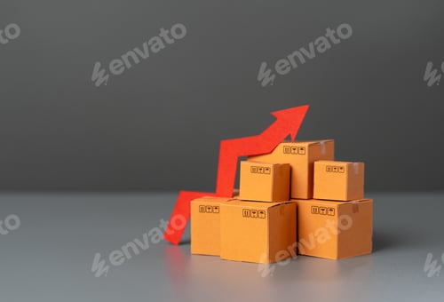 Preview: Boxes with goods and up arrow. Rising prices