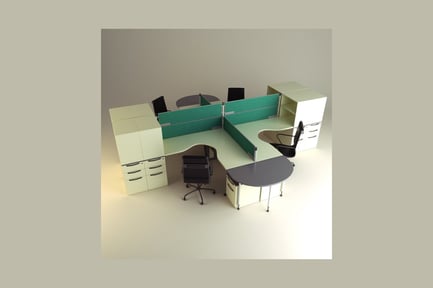 Preview: Dual workstation cubicle with curved desk and integrated storage