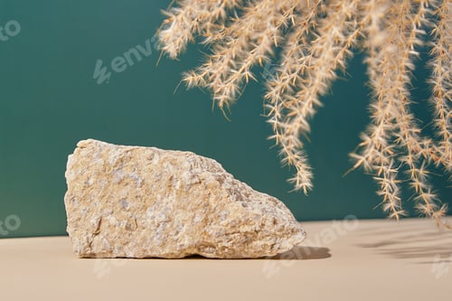 Preview: Stone podium and dry plant on beige and green background