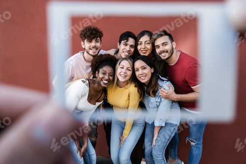 Preview: Happy multiracial friends having fun outdoor - Focus on african girl face