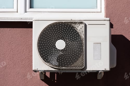 Preview: outdoor unit of a domestic air conditioner with a fan outside the building