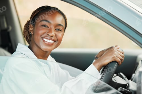 Preview: Woman, driving car and portrait in window with driver license, freedom and travel on a road trip. B