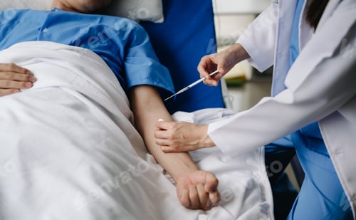Preview: Asian male patient on bed while doctor hands of checking examining his pulse for record