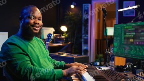 Preview: Modern producer playing piano keys to record new soundtrack