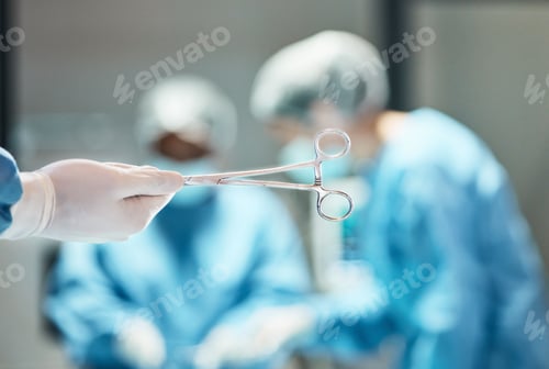 Preview: Hospital scissors, surgery and team of doctors in theatre for medical trust, innovation and support