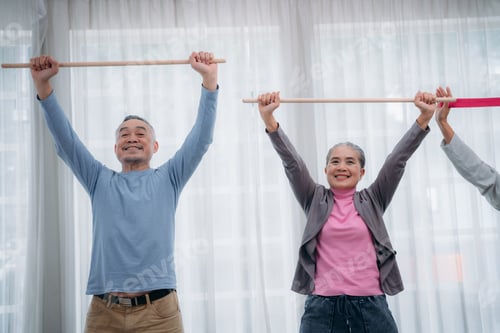 Preview: Older adults exercise at their houses. Senior exercising at a convalescent facility.
