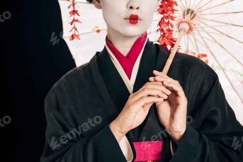Preview: partial view of beautiful geisha in black kimono with red flowers in hair holding traditional asian