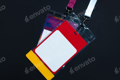 Preview: Blank identification badge in a plastic holder with red, white, and yellow colors