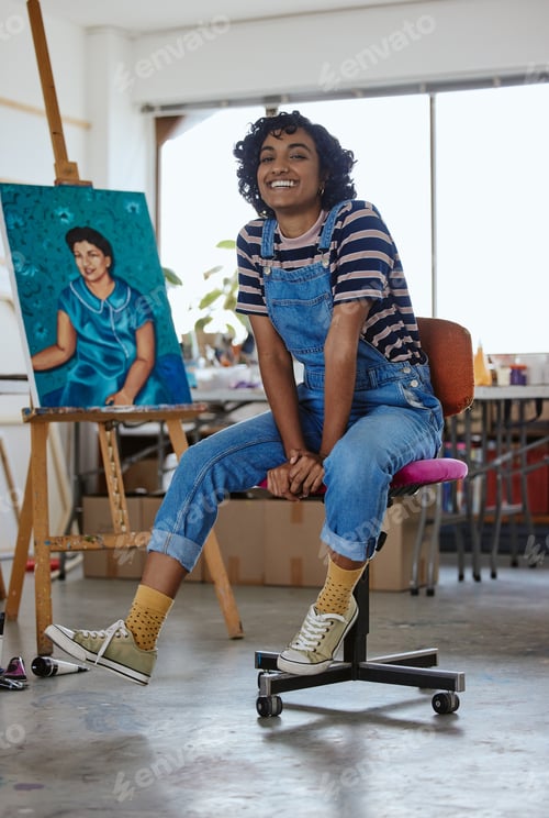Preview: Happy artist, creative canvas art portrait and woman getting to relax after painting watercolor pro