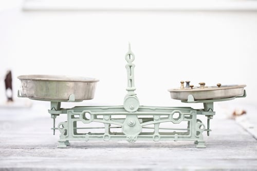 Preview: Germany, Close up of old weighing scale with balance weights in it