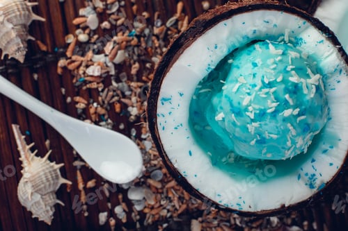 Preview: Blue ice cream in coconut bowl.