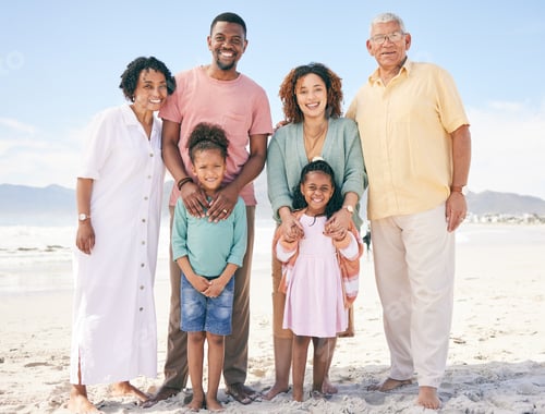 Preview: Family at beach, portrait and generations, happy people relax outdoor with grandparents, parents an