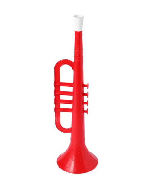 Preview: Red toy horn isolated on white. Child's musical instrument