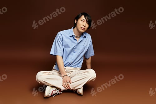 Preview: Stylish young Asian man poses confidently in a modern studio setting