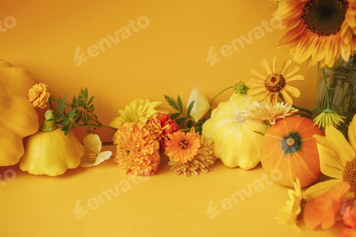 Preview: Stylish autumn composition. Colorful flowers, pumpkin, squash on yellow paper. Creative still life