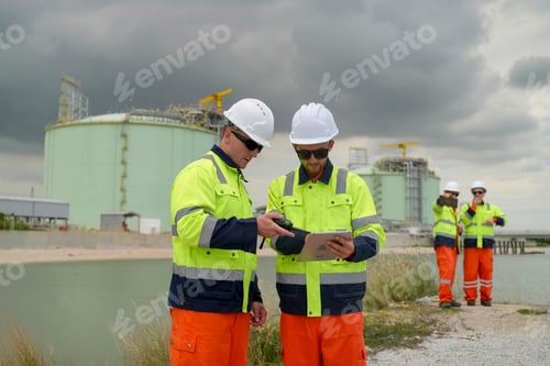 Preview: Two workers check data near industrial facility while colleagues monitor operations nearby