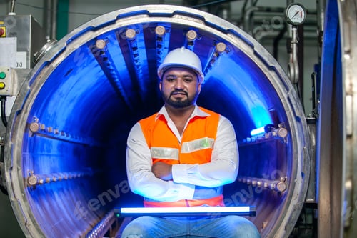 Preview: professional technician engineer with safety hard hat working in industrial factory.