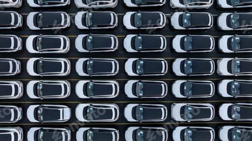 Preview: Aerial view car for sale stock lot row, Cars dealership inventory distribution.