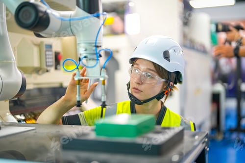 Preview: Technician working with robotic arm in modern manufacturing facility
