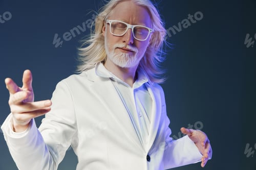 Preview: Stylish elderly man in white suit with glasses, confident pose, modern creative concept, against a