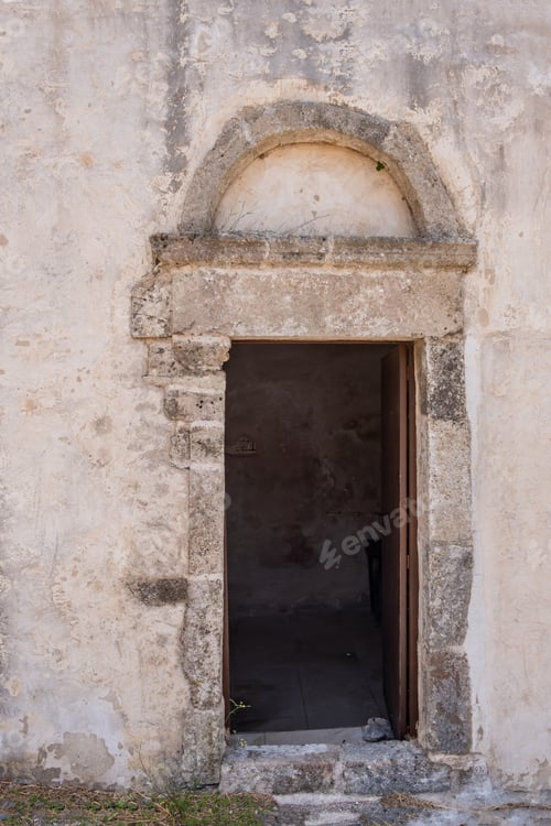 Preview: Kithira Chora Kastro Ionian islands Greece. Stonewall building at Venetian Castle Fortezza. Vertical