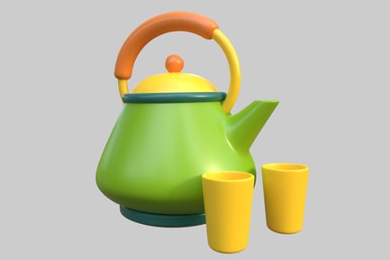 Aperçu: Théière avec couvercle jaune et deux tasses